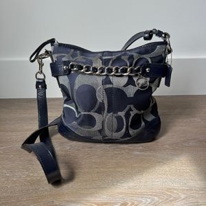 COACH medium crossbody purse in blocked signature navy blue woven canvas